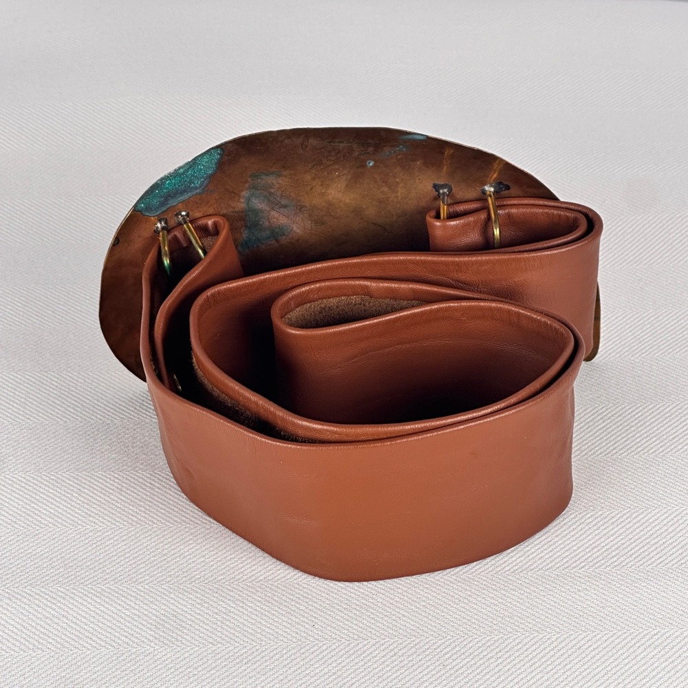 Sculptural 70s Copper Brass Verdigris Patina Brown Belt Statement Buckle Leather - Picture 5 of 5